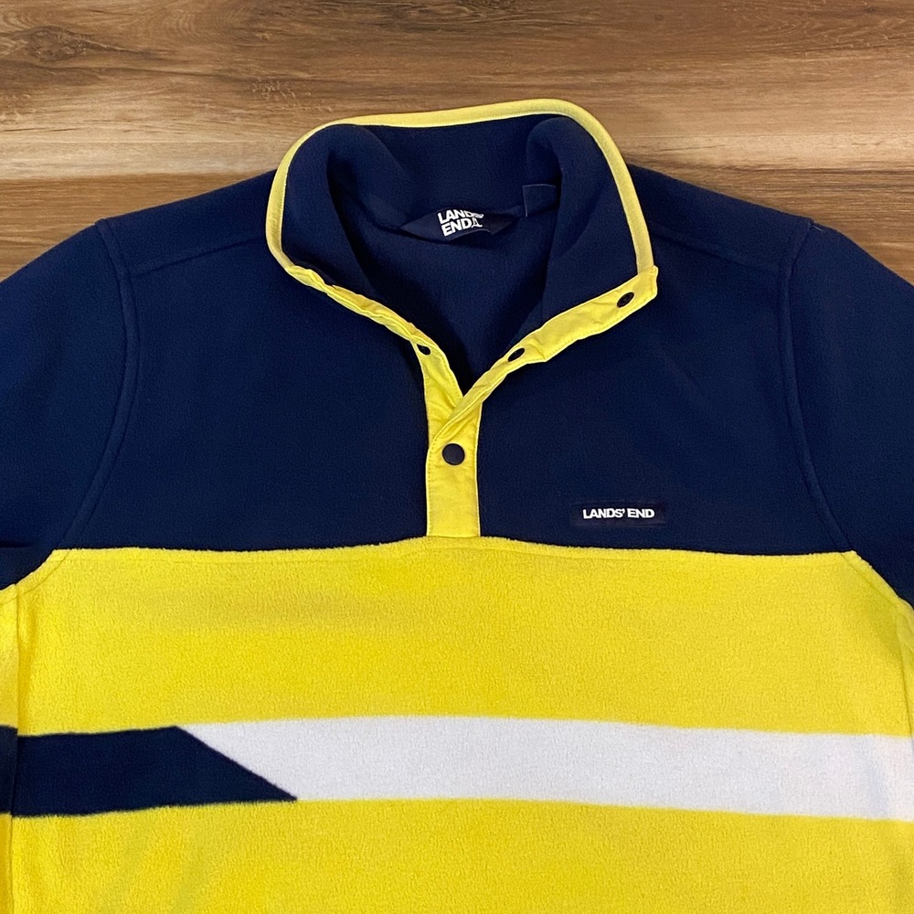Lands' End Fleece Pullover Mens Medium Tall Color Block Button Up Sweater